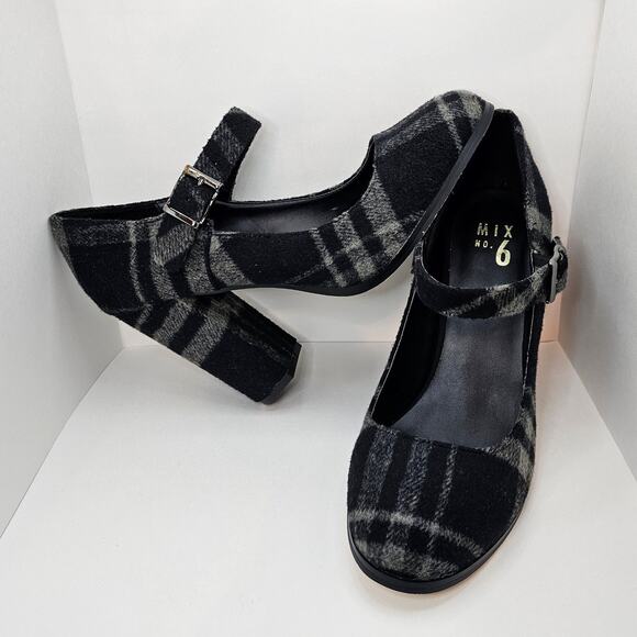 ❌️Sold❌️ Mix No. 6 'Asuviel' Black & Gray Plaid Block Heels - US Women's Size 11 - Picture 1 of 5